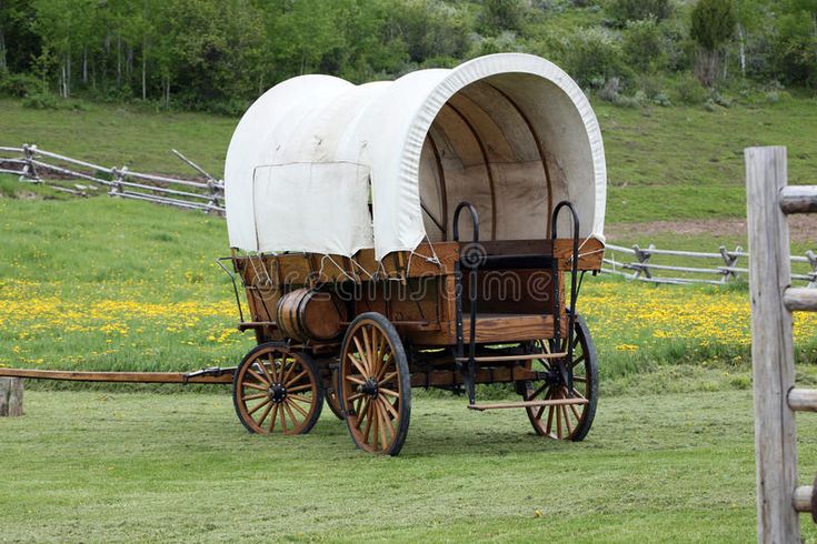 an old fashioned covered wagon in a field