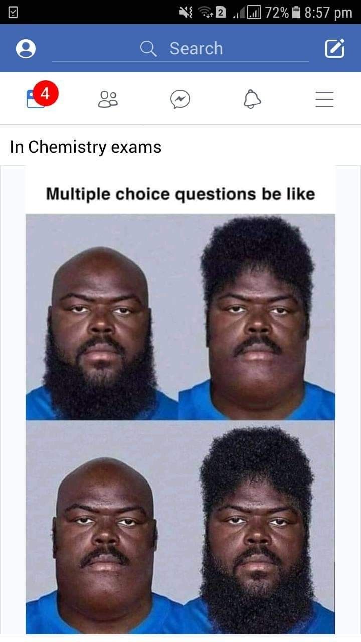 four different faces with the caption'multiple choice questions be like'on them