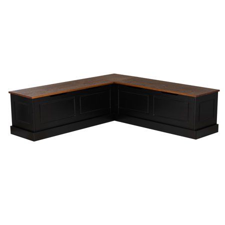 the corner desk is made from black wood and has a wooden paneled top, along with