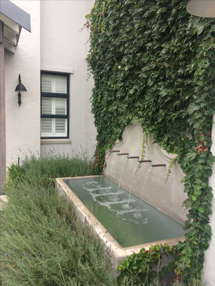 a water fountain in front of a house with ivy growing on the side of it