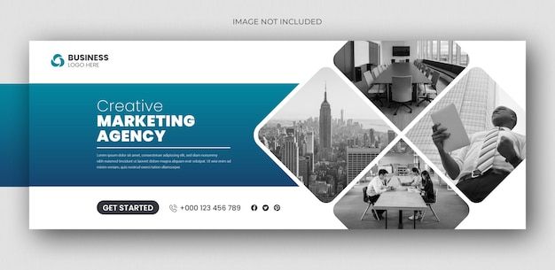 a blue and white business brochure with geometric shapes