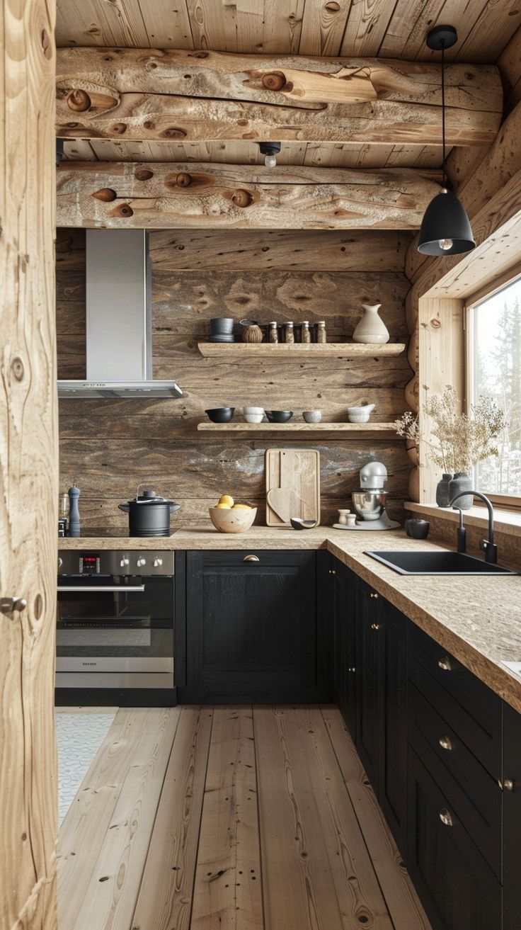 a kitchen with wooden walls and black cabinets