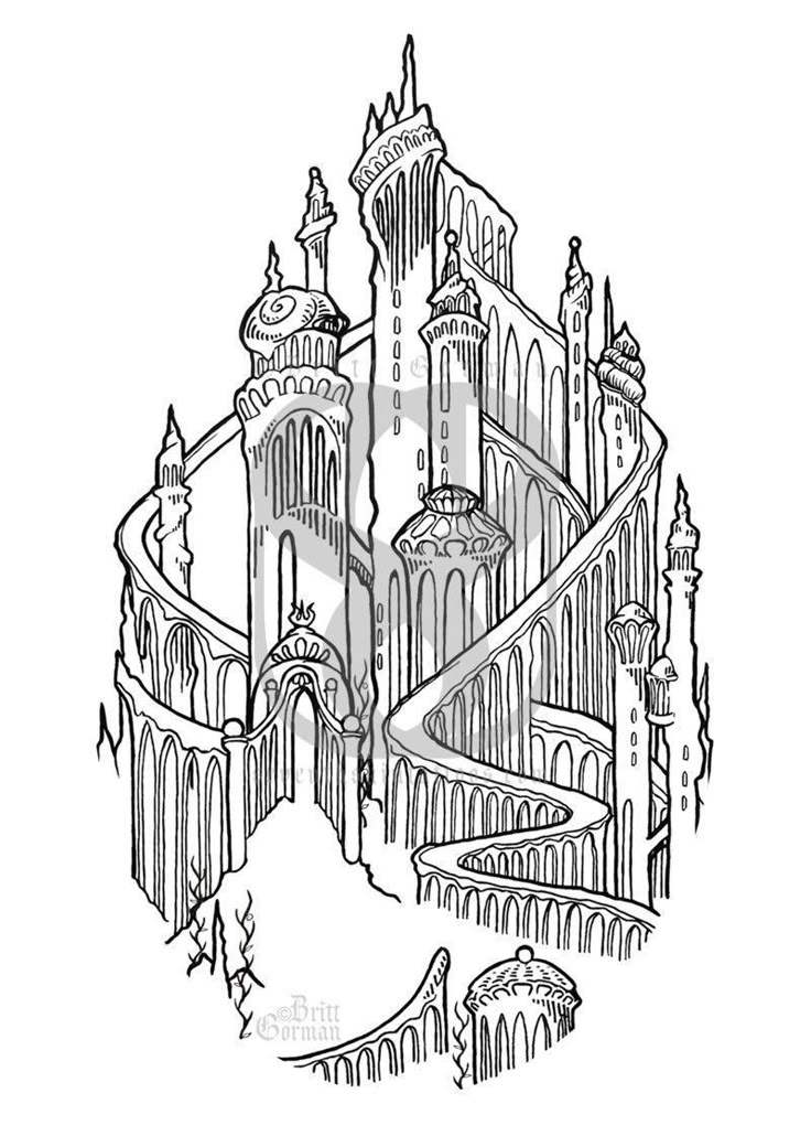 a black and white drawing of a castle