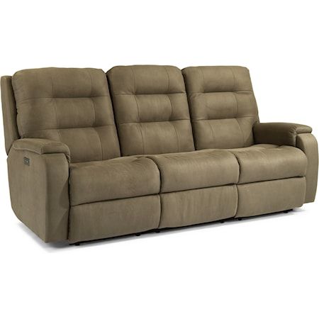 the reclining sofa is shown with two seats and one arm rests on it's back