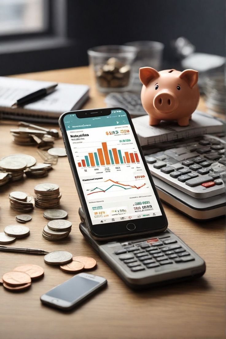 a piggy bank sitting on top of a calculator next to a cell phone