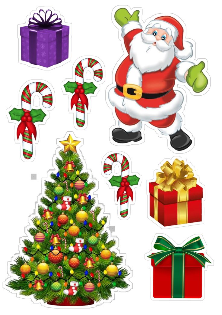 christmas stickers with santa claus and presents around the tree, including candy canes