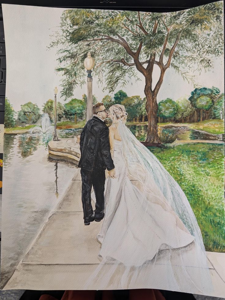 a drawing of a bride and groom walking down the street in front of a fountain