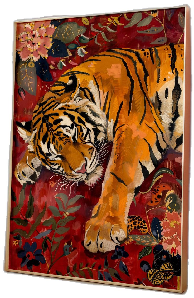 a painting of a tiger laying down on a flowery ground with butterflies and flowers around it