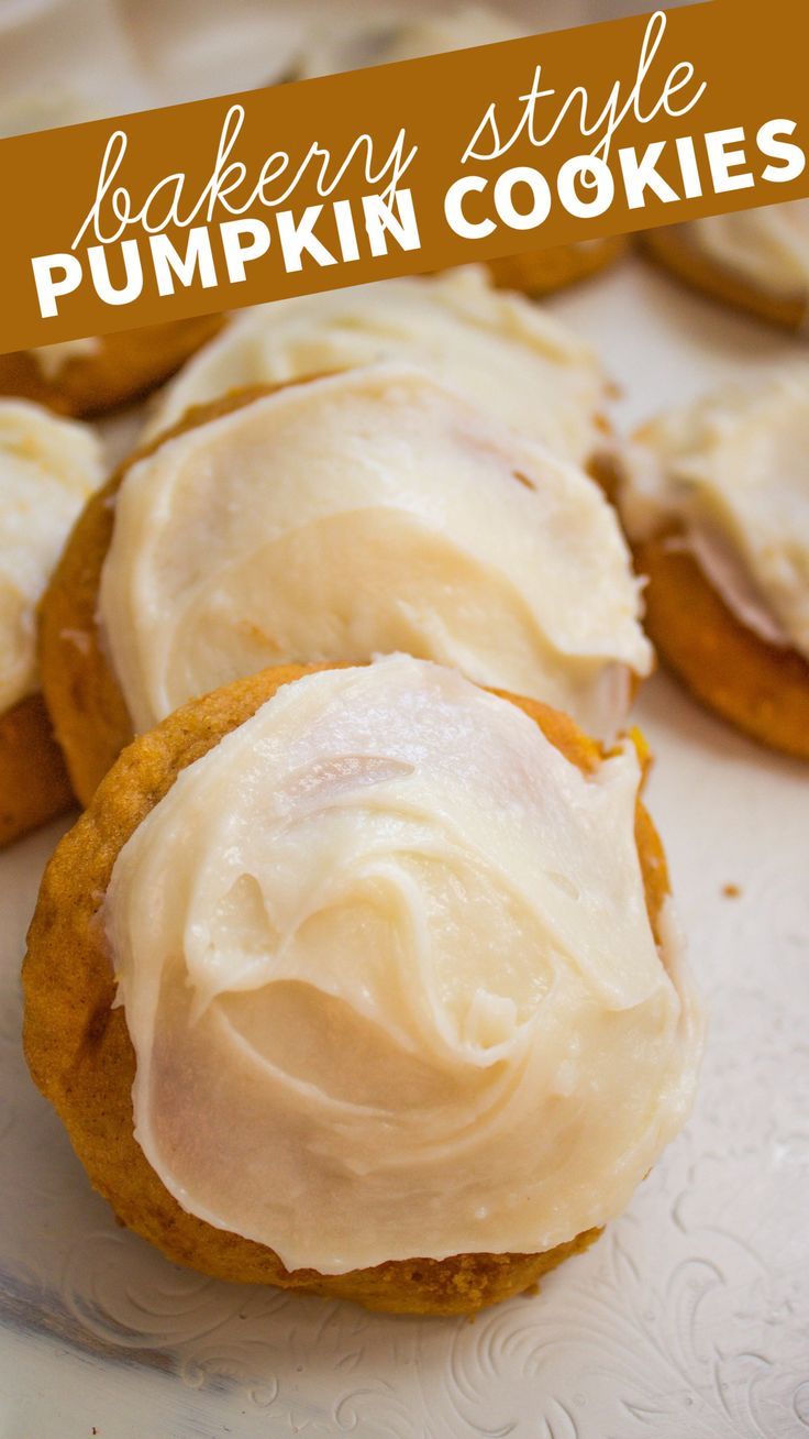 pumpkin cookies with frosting on a white plate and text overlay that reads melt in your mouth pumpkin cookies