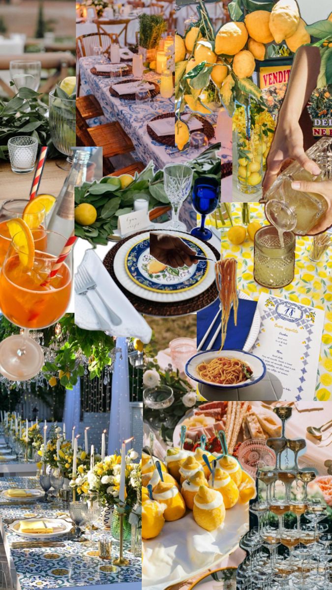 a collage of photos with oranges, lemons, and drinks on it