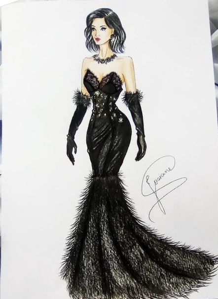 a drawing of a woman in a black dress with feathers on the skirt and gloves