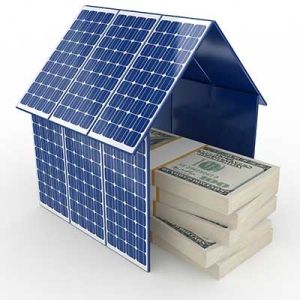 a house with solar panels and stacks of money