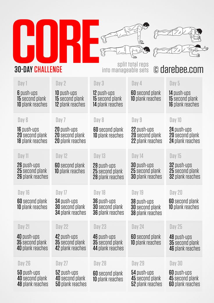 the 30 - day core challenge workout plan is shown in red and black, with instructions for