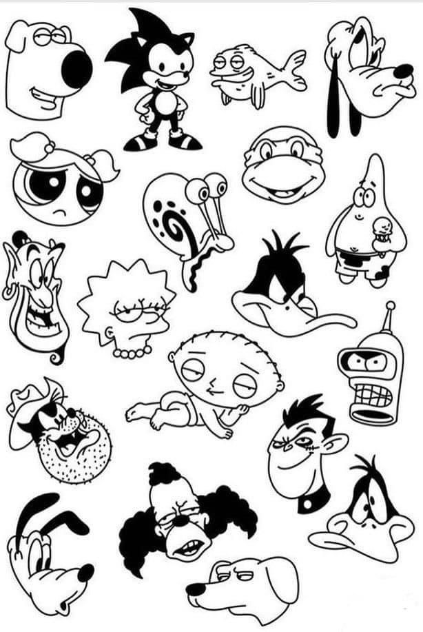 cartoon characters drawn in black and white