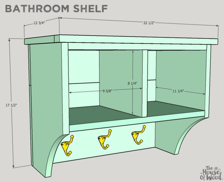 the bathroom shelf has two hooks on it and is shown with measurements for each drawer