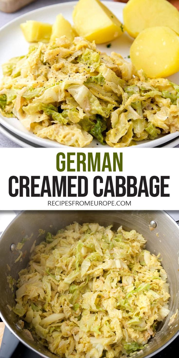 two plates with different types of food in them and the words german creamed cabbage