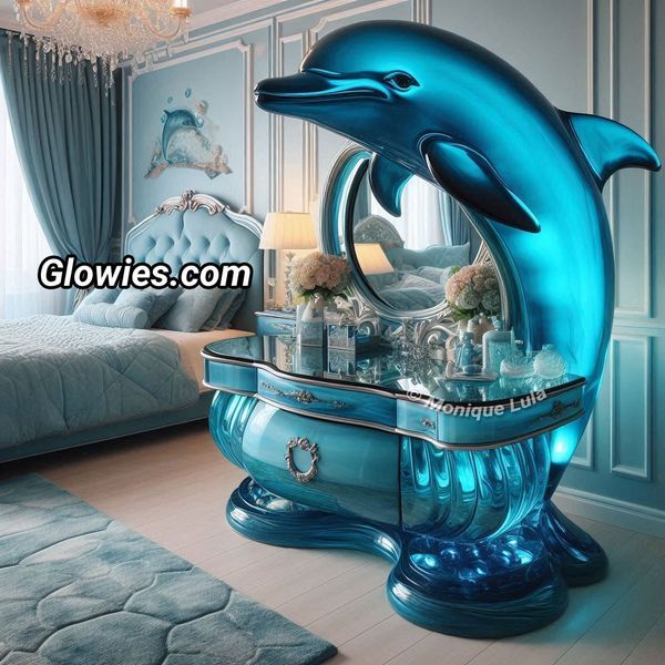 a blue dolphin statue sitting on top of a table in front of a bedroom mirror