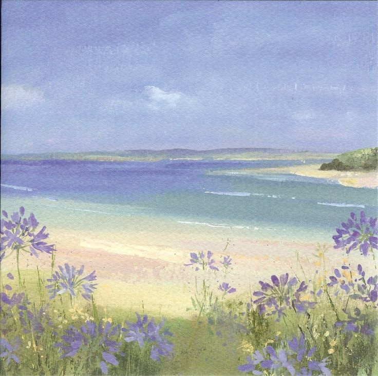 watercolor painting of beach scene with purple flowers in foreground and blue sky above