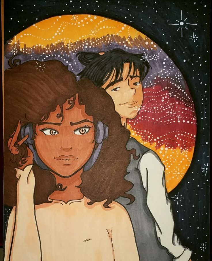 a drawing of two people standing next to each other in front of a star filled sky