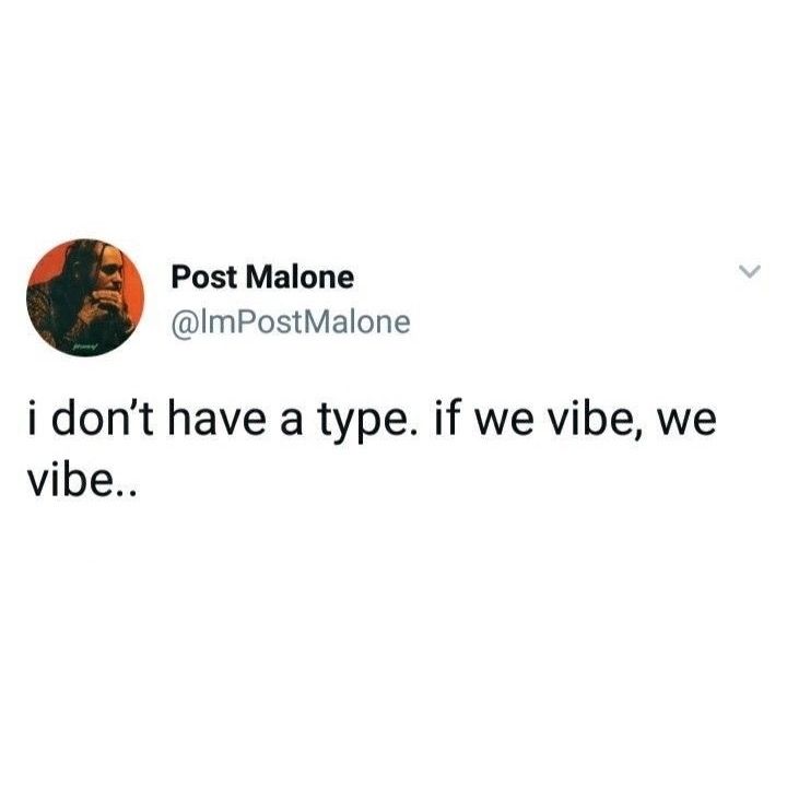 the tweet is posted to someone on their twitter account, which reads post malone @ impostmalone i don't have a type if we vibe, we