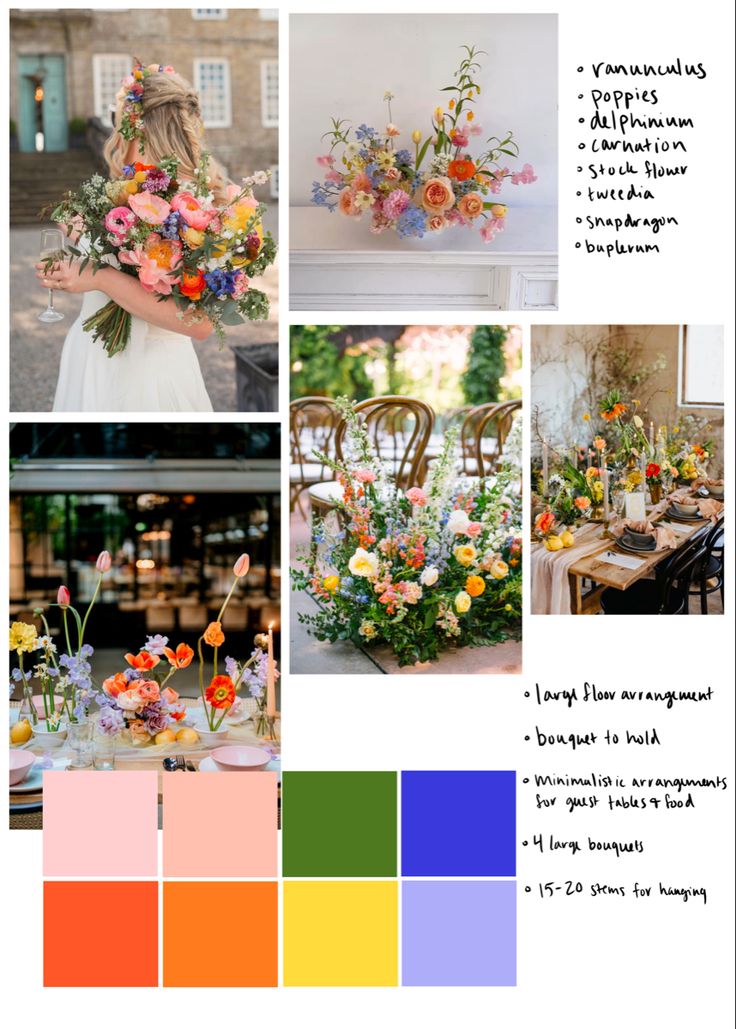 the color scheme for an outdoor wedding with flowers and greenery, including oranges, pinks, yellows, and blue