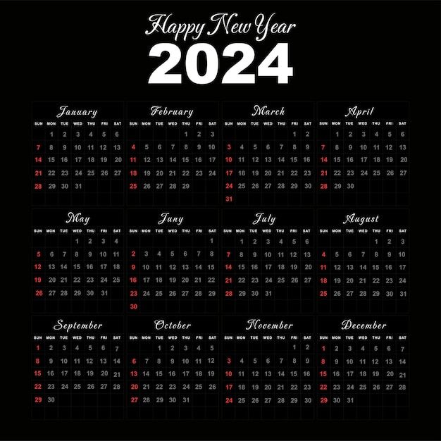 a black and white calendar for the new year, with red numbers on each side