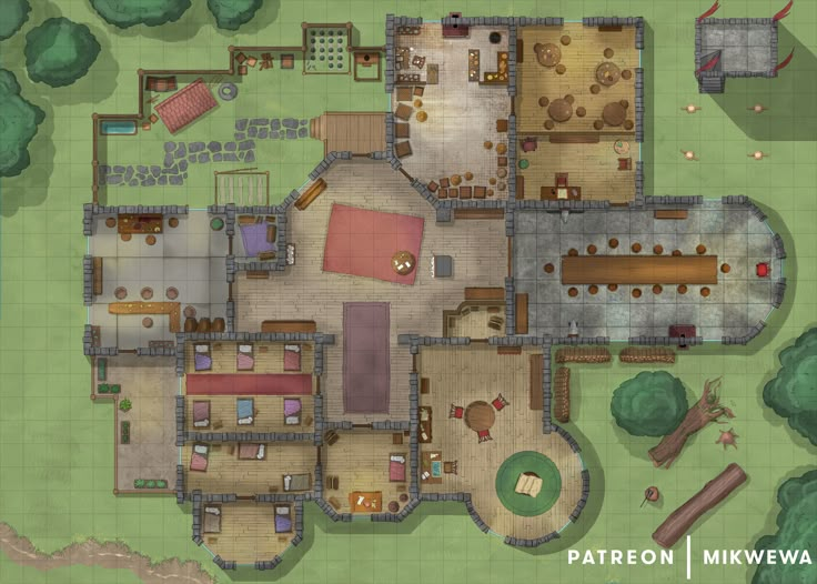 an overhead view of a map of a house and surrounding area with furniture, trees, and other items