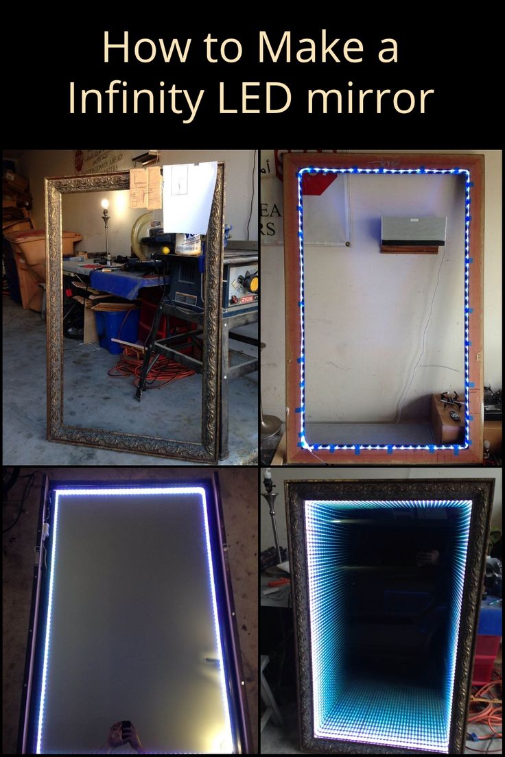 four different mirrors with lights on them and the words how to make a infinity led mirror