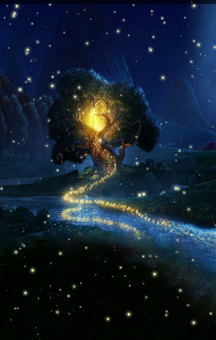 a painting of a tree with fireflies in the night sky and stars above it