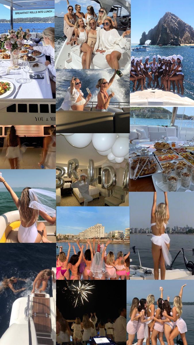 many pictures of women on a boat in the water and one has her arms up