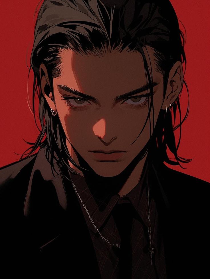 an anime character with long hair wearing a black suit and tie, against a red background