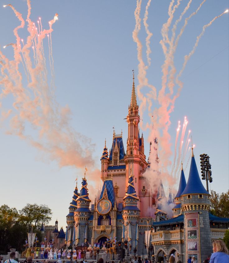 fireworks in the sky over a castle at disney world with people standing around and watching