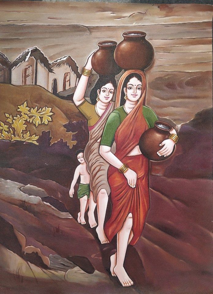 a painting of two women carrying pots on their heads