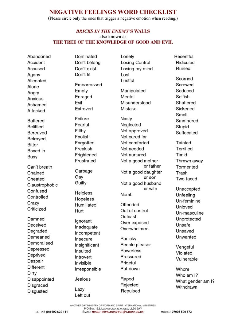 the negative feelings word checklist is shown in red and white, with words above it