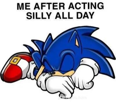 sonic the hedgehog is sleeping with his head on top of an object that says, me after acting silly all day