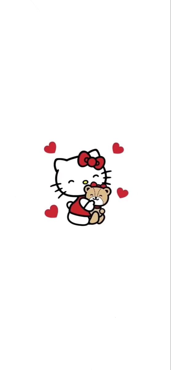 a hello kitty wallpaper with hearts on the bottom and an image of a teddy bear hugging