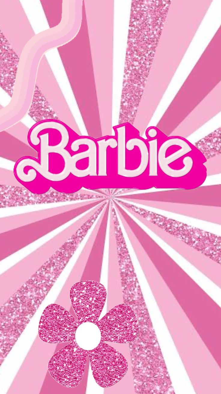 the word barbie on a pink and white background with flowers in front of an abstract flower