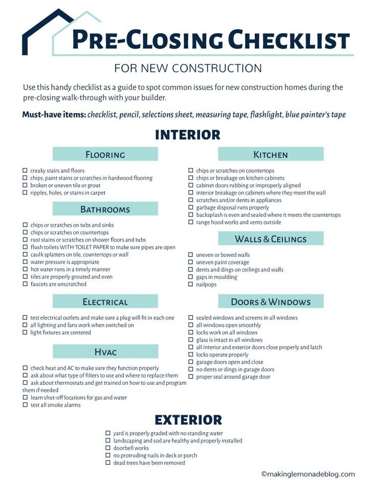 a printable checklist for new construction