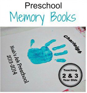 a book with handprints on it and the words preschool memory books written in blue ink