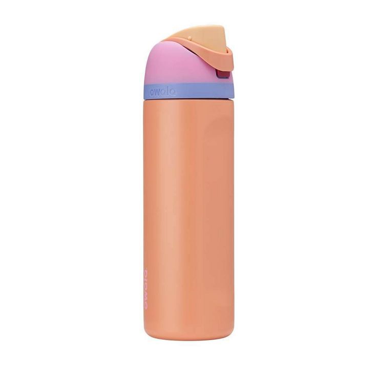 a pink and blue insulated water bottle on a white background with the lid up