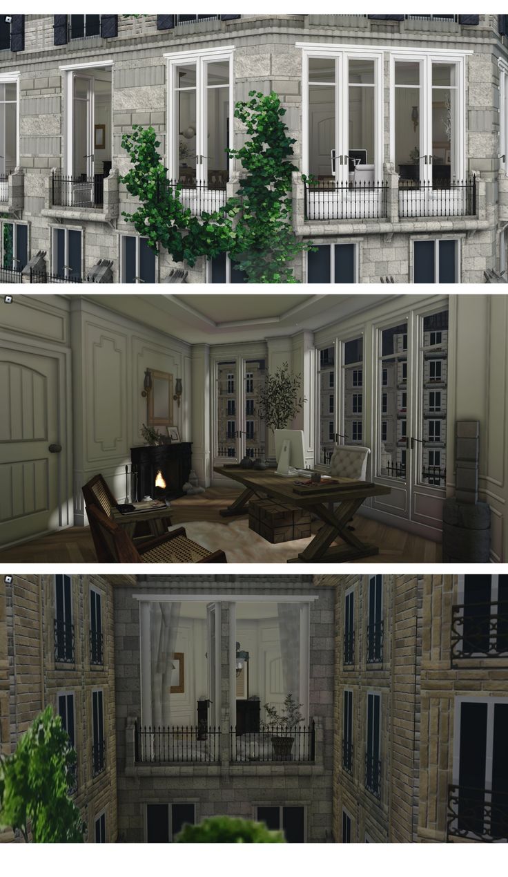 three different views of a living room and dining room in an apartment building with balconies on the second floor