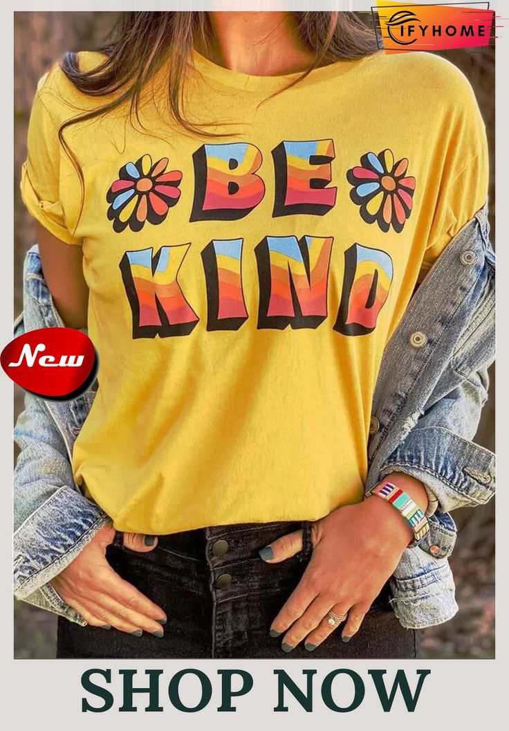 Shift Crew Neck Short Sleeve Casual T-shirt T Shirt Crop Top, Shirt Graphics, Yellow Shirt, Distressed Tee, Crop Top Shirts, Vintage Casual, Casual T Shirt, Crew Neck Tee, Be Kind