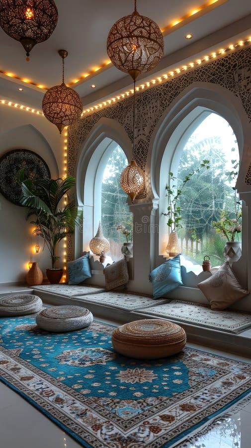 Arabian style lounge with ornate lanterns, suitable for interior design or relaxation themes. End of Eid al-Fitr. royalty free stock images Arabian Living Room Ideas, Lebanese Style Interior, Orientalism Interior Design, Pakistani Home Decor Ideas, Arabic Style Interior Design, Arabic Decoration Arabian Decor, Arab Interior Design, Egypt Interior Design, Arabian Interior Design