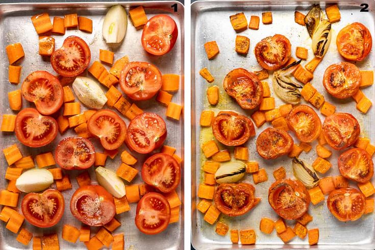 two pans filled with sliced up vegetables on top of a table next to each other