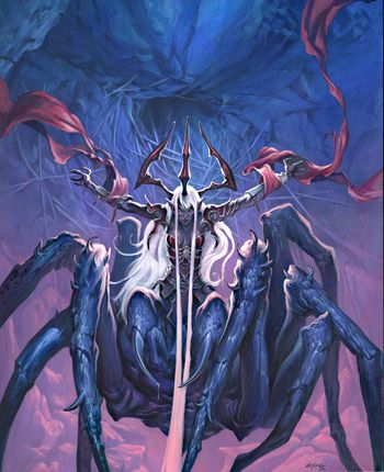 a painting of a giant spider with long white hair and horns on it's back