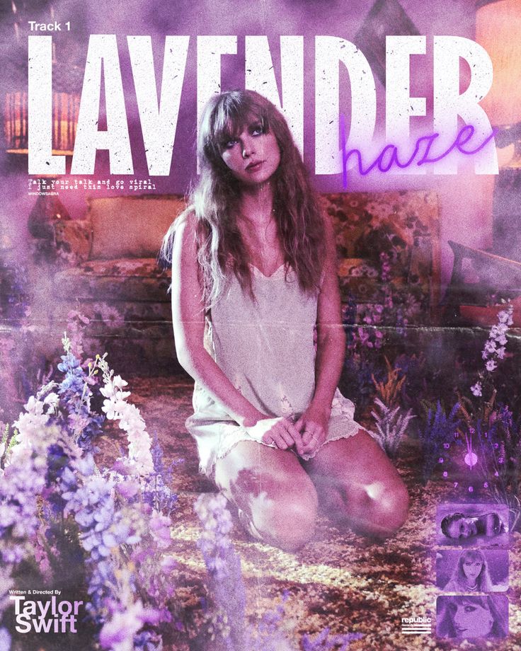 a woman sitting on the ground in front of purple and white flowers with text that reads lavender haze