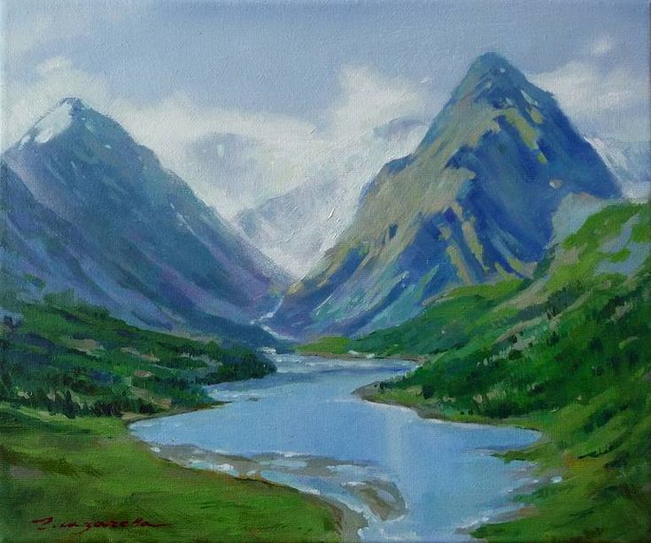 an oil painting of mountains and a river