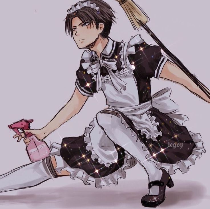 an anime character with a broom and dress holding a pink bottle in one hand while kneeling down on the ground