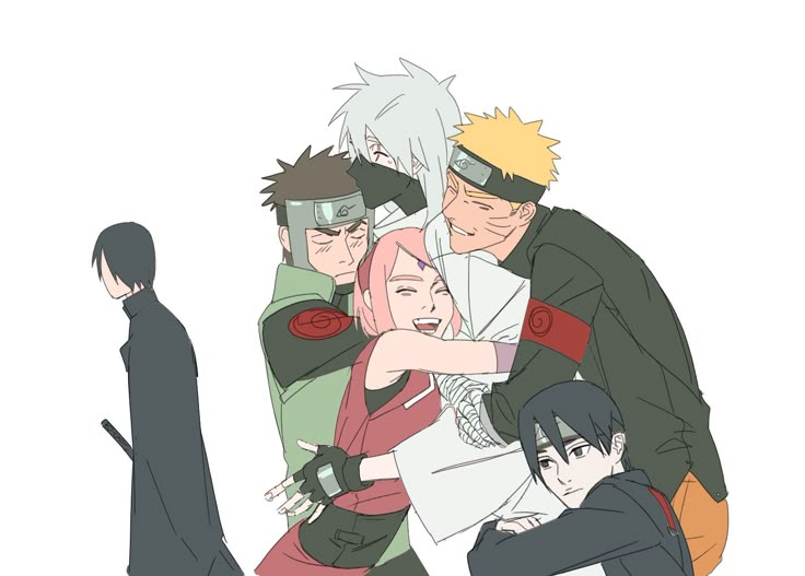 some anime characters hugging each other in front of a person with his arm around another character