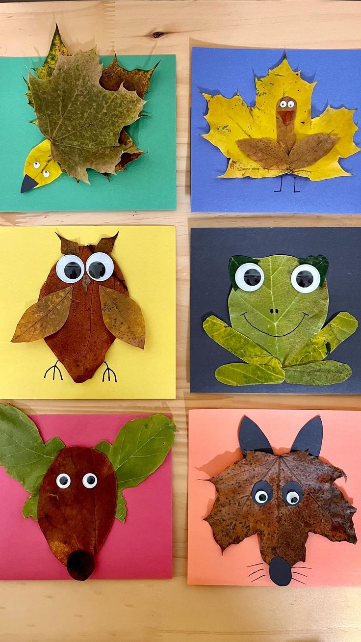 four different leaf shaped animals and leaves with eyes on them